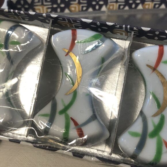 Ceramic Knife Chopstick Sushi Rests Abstract Painted Japanese Set of 5 New w/Box - Picture 5 of 10